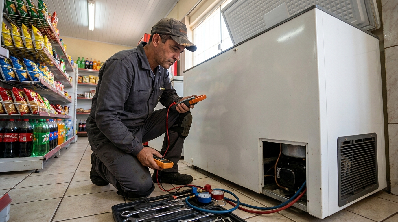 Reparo da placa eletrônica de um freezer em atendimento em Piracicaba‑SP