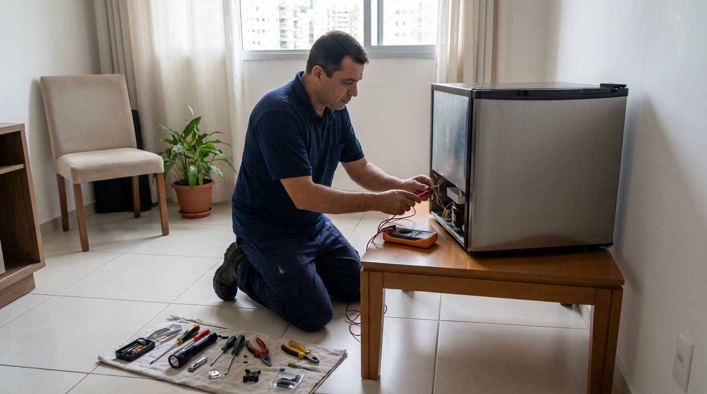 Técnico revisando o motor de um frigobar em Piracicaba‑SP