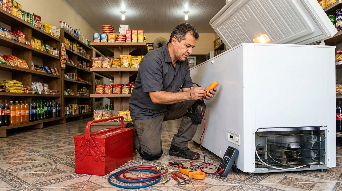 Manômetro conectado ao circuito durante recarga de gás de freezer em Piracicaba‑SP