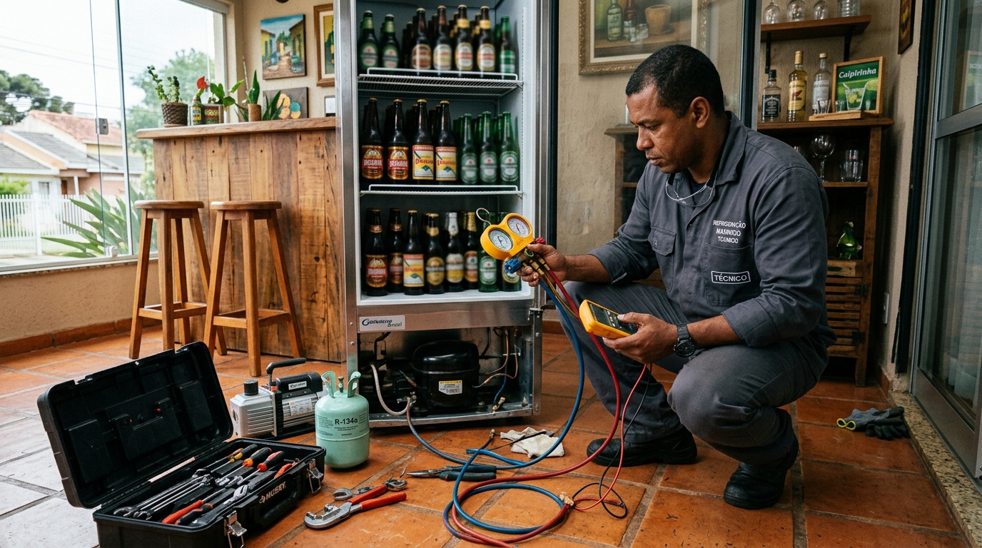 Técnico conferindo a temperatura de uma cervejeira durante atendimento em Piracicaba‑SP