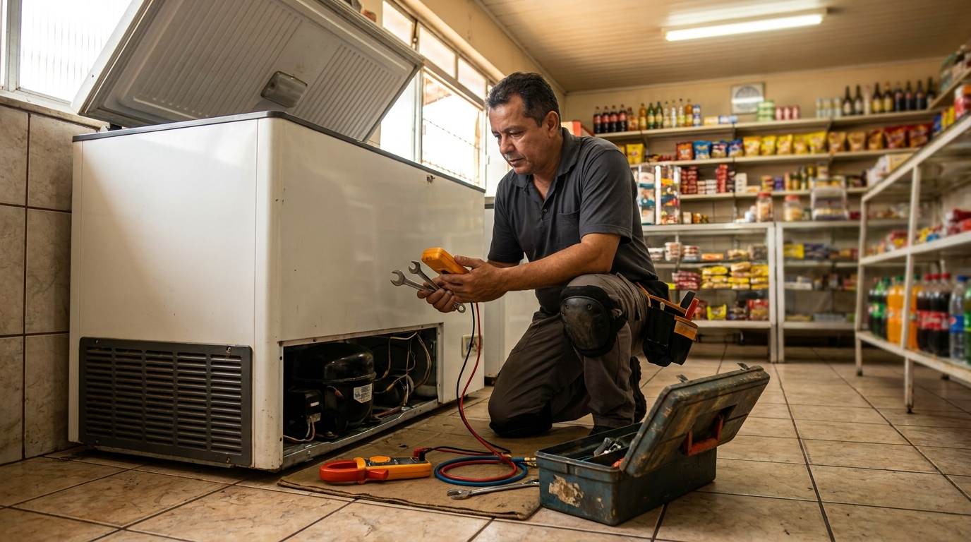 Técnico avaliando um freezer vertical durante atendimento em Piracicaba‑SP